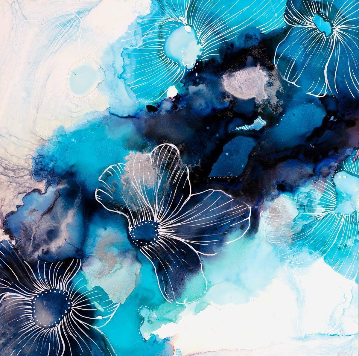 Water Petals Blue - Original by artist Laura Beck - Wyecliffe Galleries