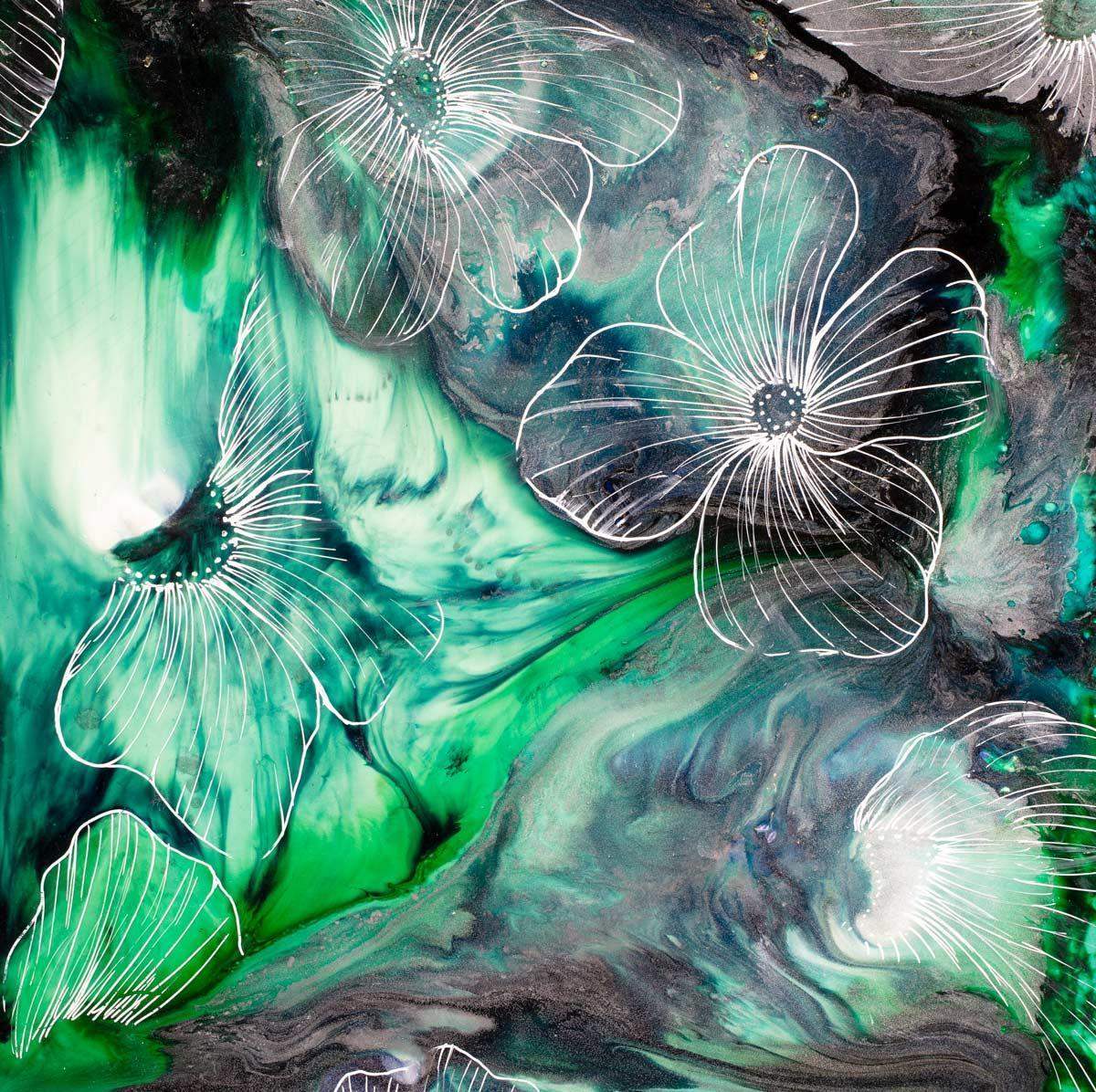 Water Petals Green - Original by artist Laura Beck - Wyecliffe Galleries