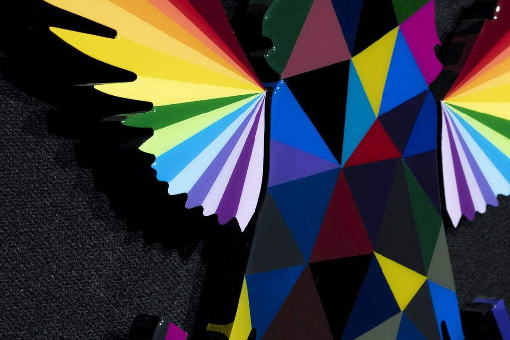 Angel Cake Miniature - Dark Geometric with Rainbow wings - Original Wall Sculpture - SOLD by artist Lhouette - Wyecliffe Galleries