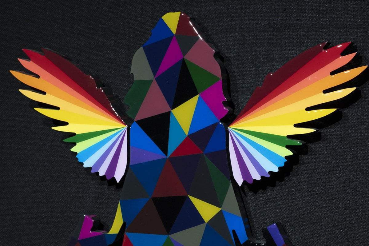 Angel Cake Miniature - Dark Geometric with Rainbow wings - Original Wall Sculpture - SOLD by artist Lhouette - Wyecliffe Galleries