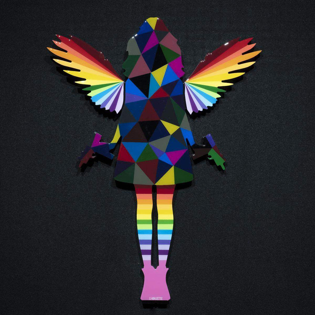 Angel Cake Miniature - Dark Geometric with Rainbow wings - Original Wall Sculpture - SOLD by artist Lhouette - Wyecliffe Galleries