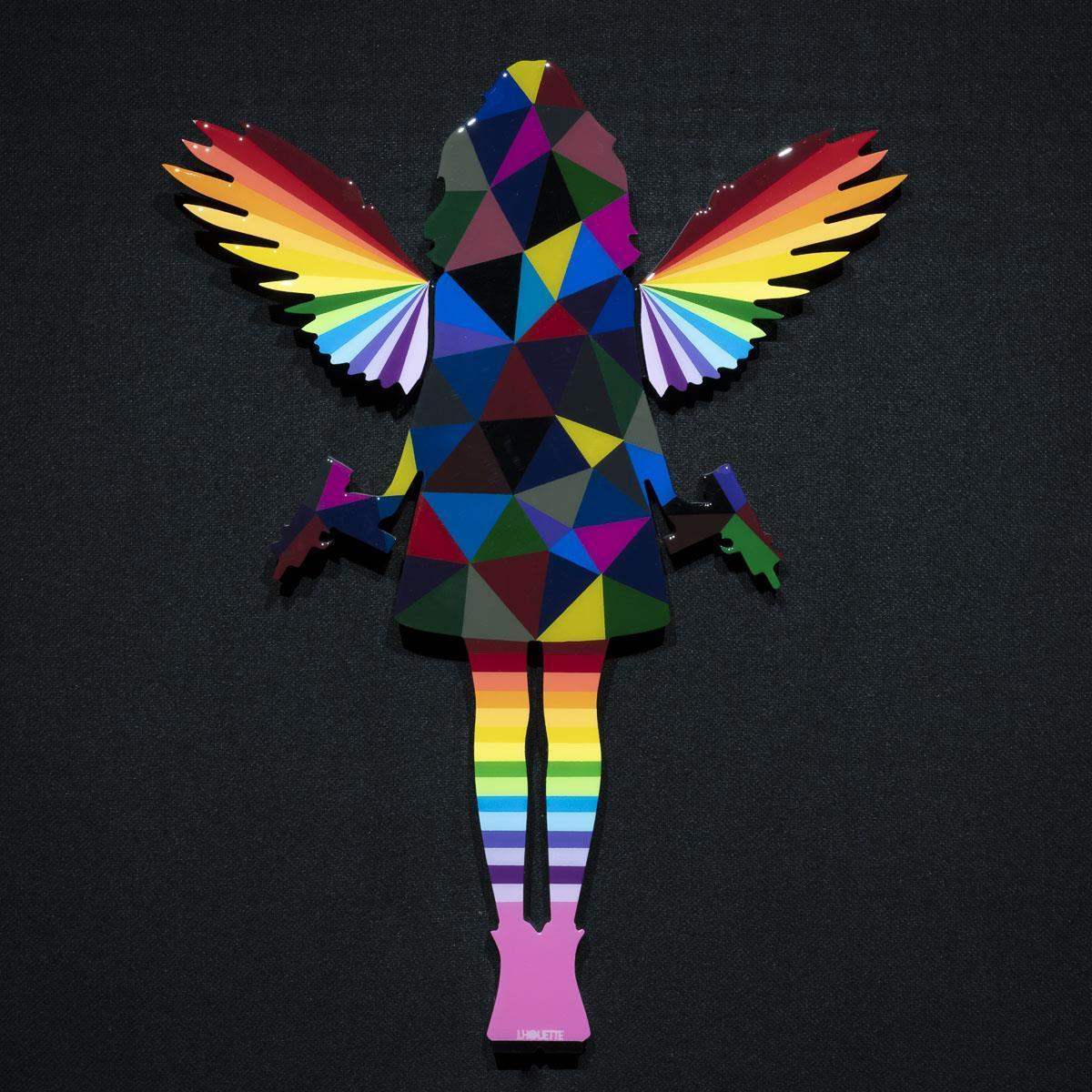 Angel Cake Miniature - Dark Geometric with Rainbow wings - Original Wall Sculpture - SOLD by artist Lhouette - Wyecliffe Galleries