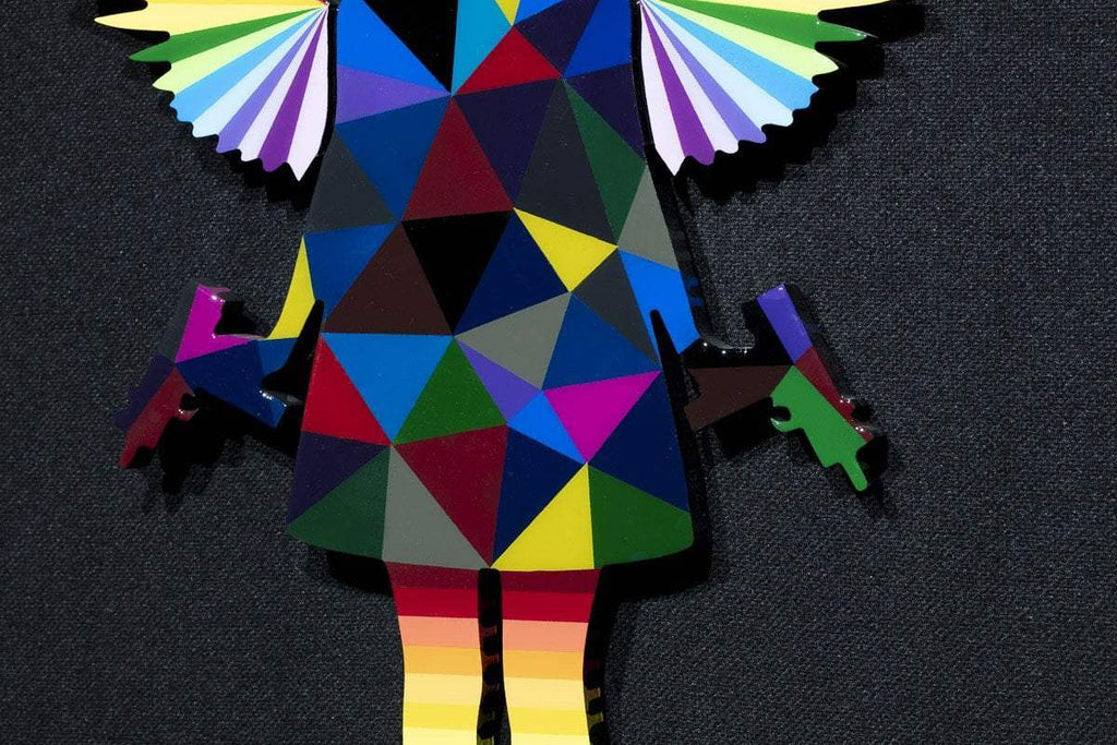 Angel Cake Miniature - Dark Geometric with Rainbow wings - Original Wall Sculpture - SOLD by artist Lhouette - Wyecliffe Galleries