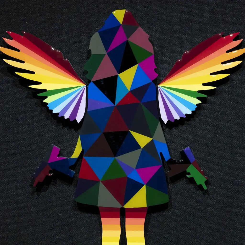 Angel Cake Miniature - Dark Geometric with Rainbow wings - Original Wall Sculpture - SOLD by artist Lhouette - Wyecliffe Galleries