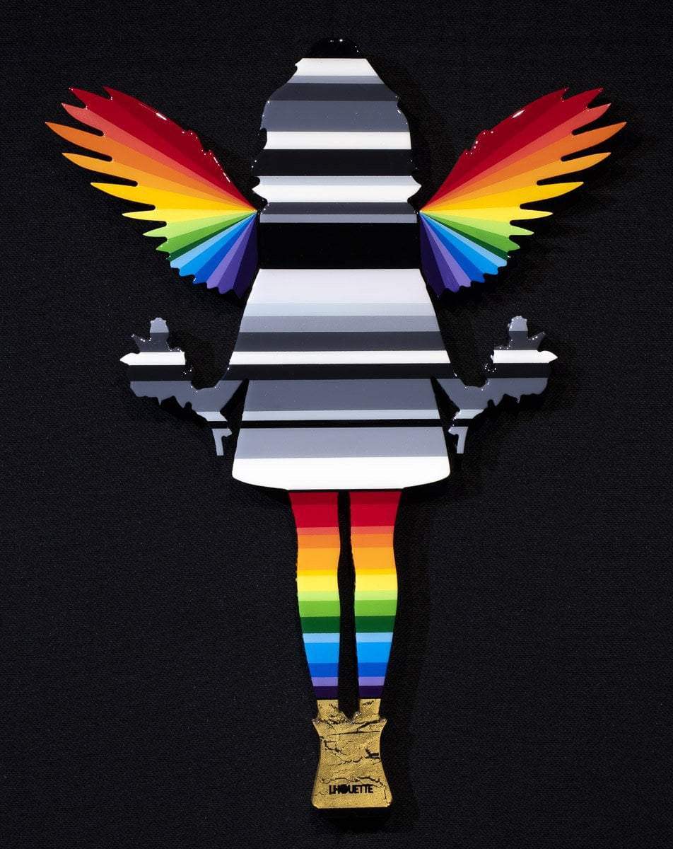 Angel Cake Miniature with Flowers - grey body and rainbow wings (Gloss Resin) - Original Wall Sculpture - SOLD by artist Lhouette - Wyecliffe Galleries