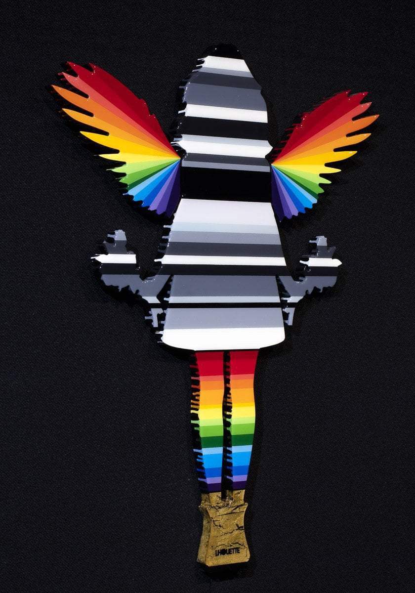 Angel Cake Miniature with Flowers - grey body and rainbow wings (Gloss Resin) - Original Wall Sculpture - SOLD by artist Lhouette - Wyecliffe Galleries