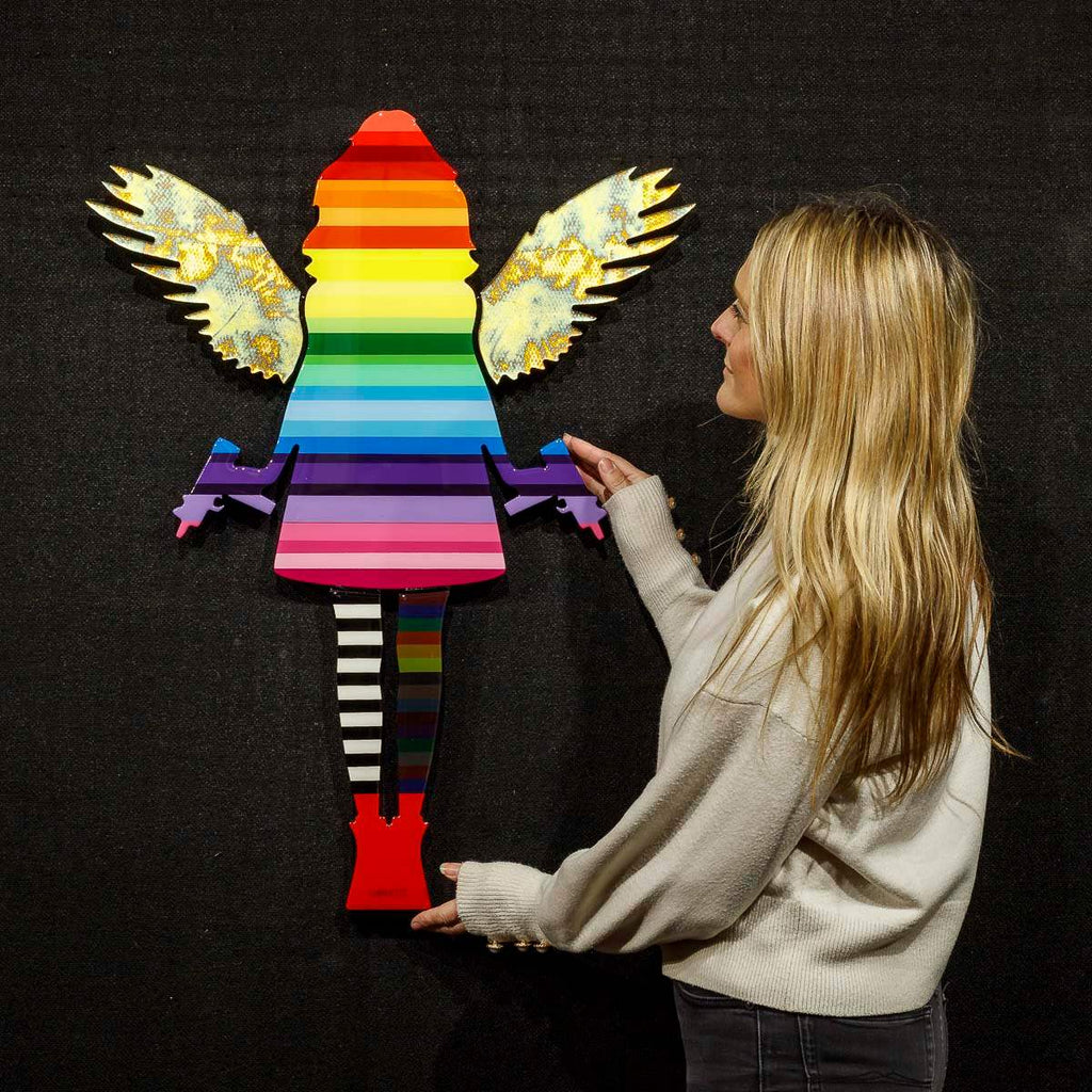 Angel Cake Rainbow Stripe & Acid Wings Miniature Wall Sculpture - Original SOLD by artist Lhouette - Wyecliffe Galleries