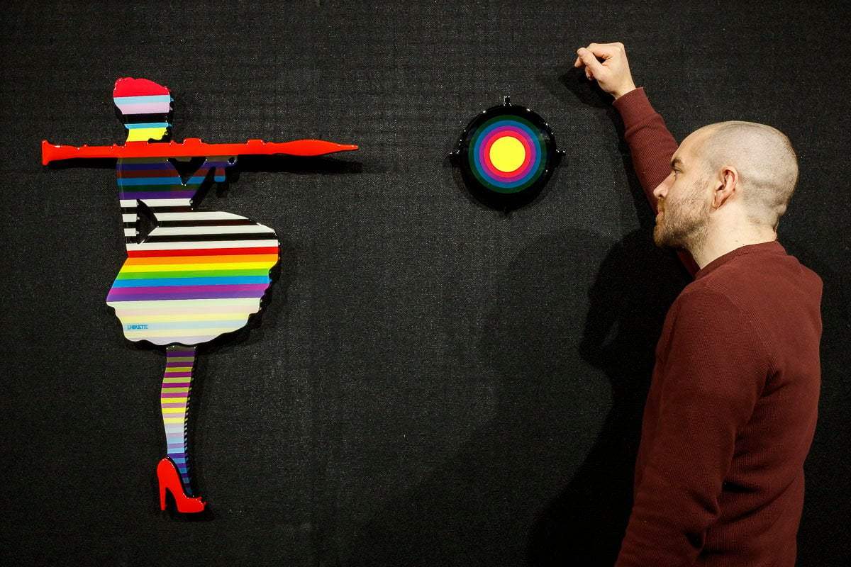 Bazooka Jo Rainbow Striped Miniature Two Part Wall Sculpture - Original - SOLD by artist Lhouette - Wyecliffe Galleries