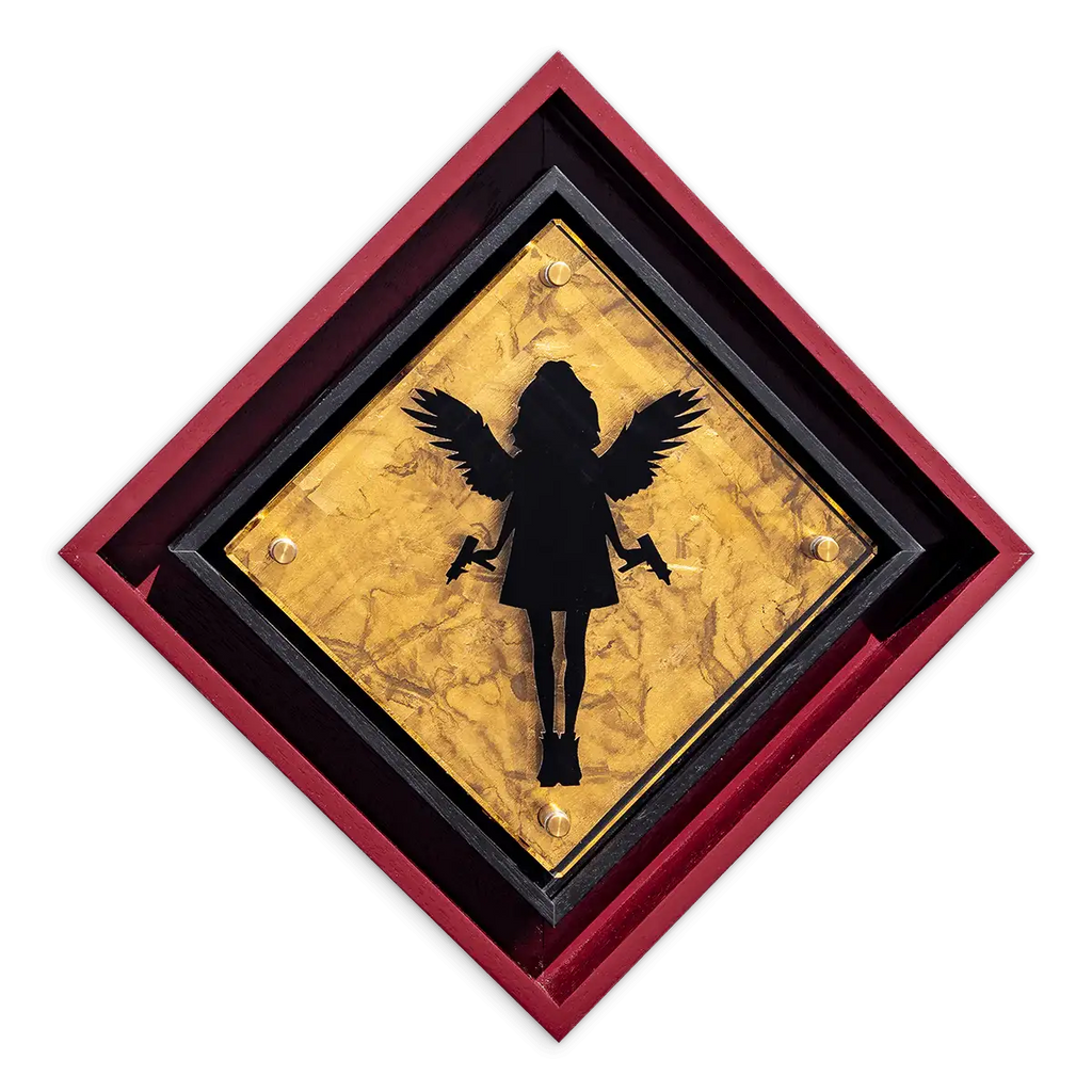 Micro Mixer: Angel With Guns - Gold Gild - Original - SOLD by artist Lhouette - Wyecliffe Galleries