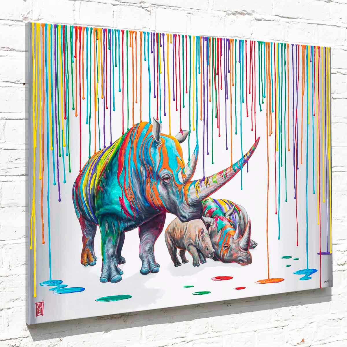Rainbow Rhino Family - Edition by artist Michael Summers - Wyecliffe Galleries