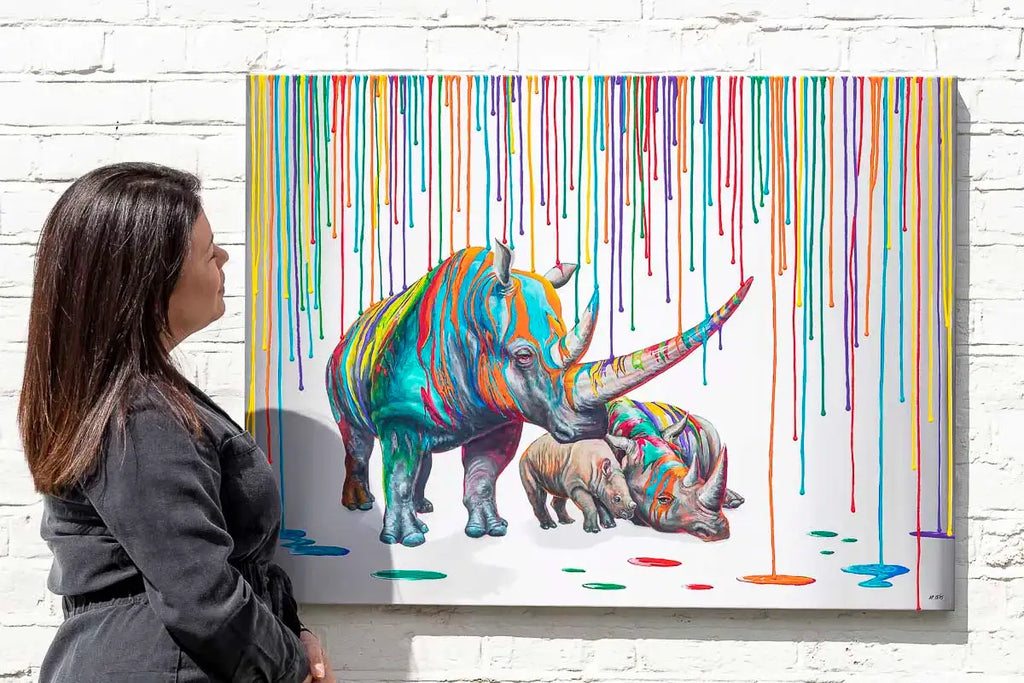 Rainbow Rhino Family - Edition by artist Michael Summers - Wyecliffe Galleries
