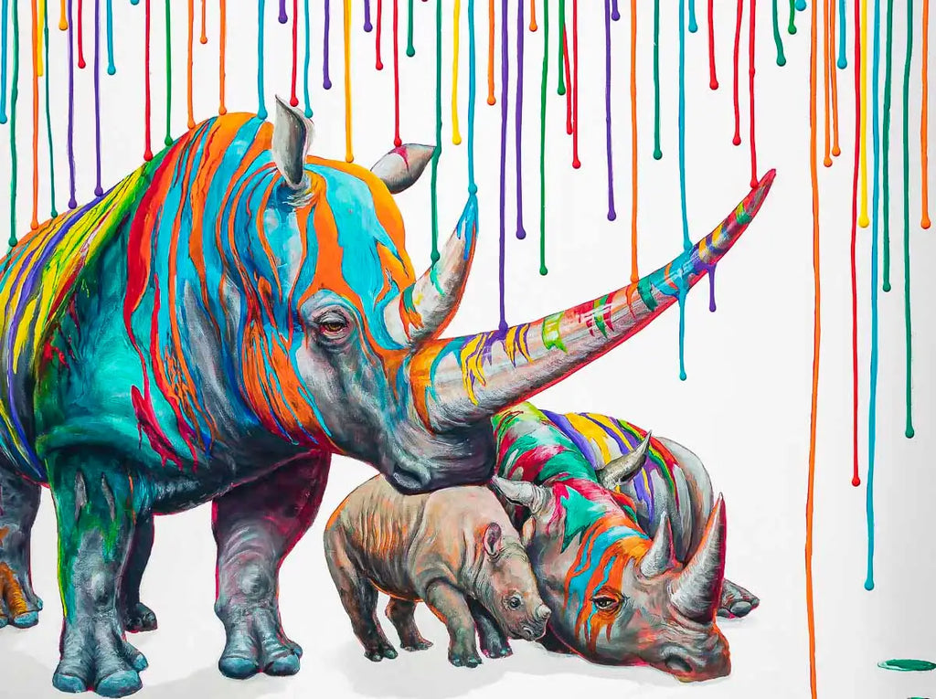 Rainbow Rhino Family - Edition by artist Michael Summers - Wyecliffe Galleries