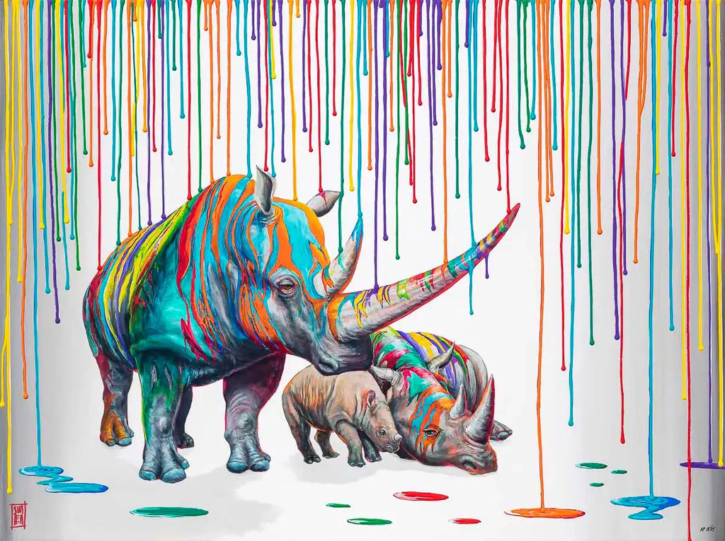 Rainbow Rhino Family - Edition by artist Michael Summers - Wyecliffe Galleries