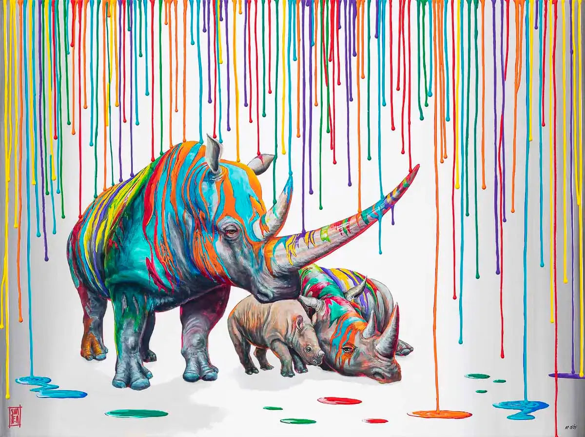 Rainbow Rhino Family - Edition by artist Michael Summers - Wyecliffe Galleries