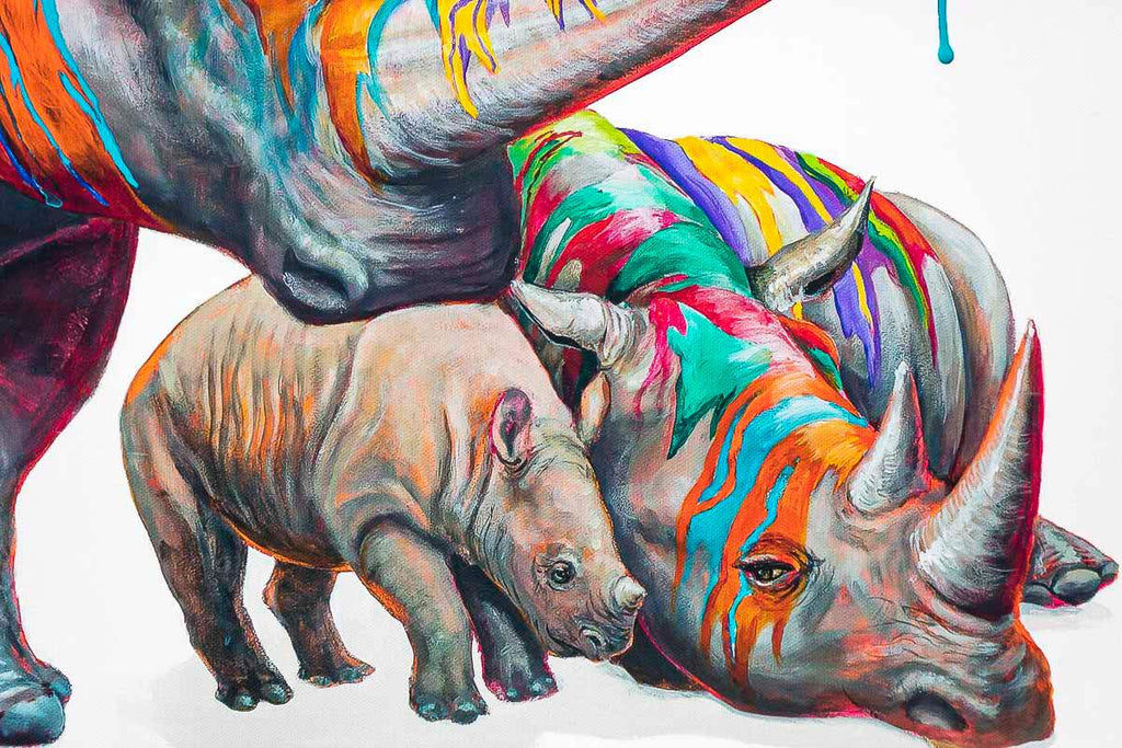 Rainbow Rhino Family - Edition by artist Michael Summers - Wyecliffe Galleries