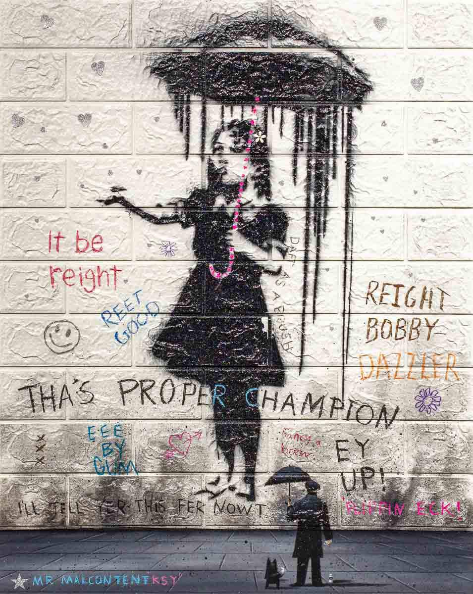 Girl in The Rain - Original SOLD by artist Mr Malcontent - Wyecliffe Galleries