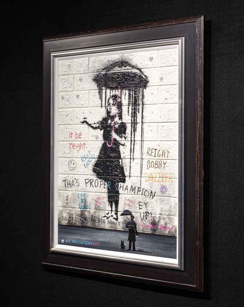 Girl in The Rain - Original SOLD by artist Mr Malcontent - Wyecliffe Galleries