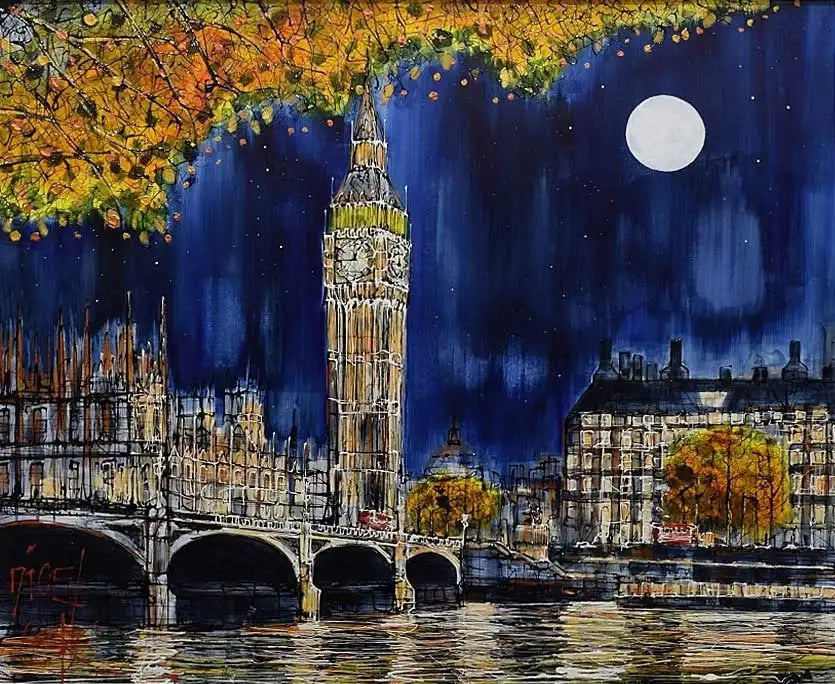 Midnight at Big Ben - Original by artist Nigel Cooke - Wyecliffe Galleries