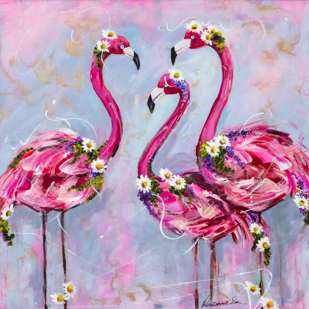 Family of Flamingos - Original - SOLD by artist Rozanne Bell - Wyecliffe Galleries