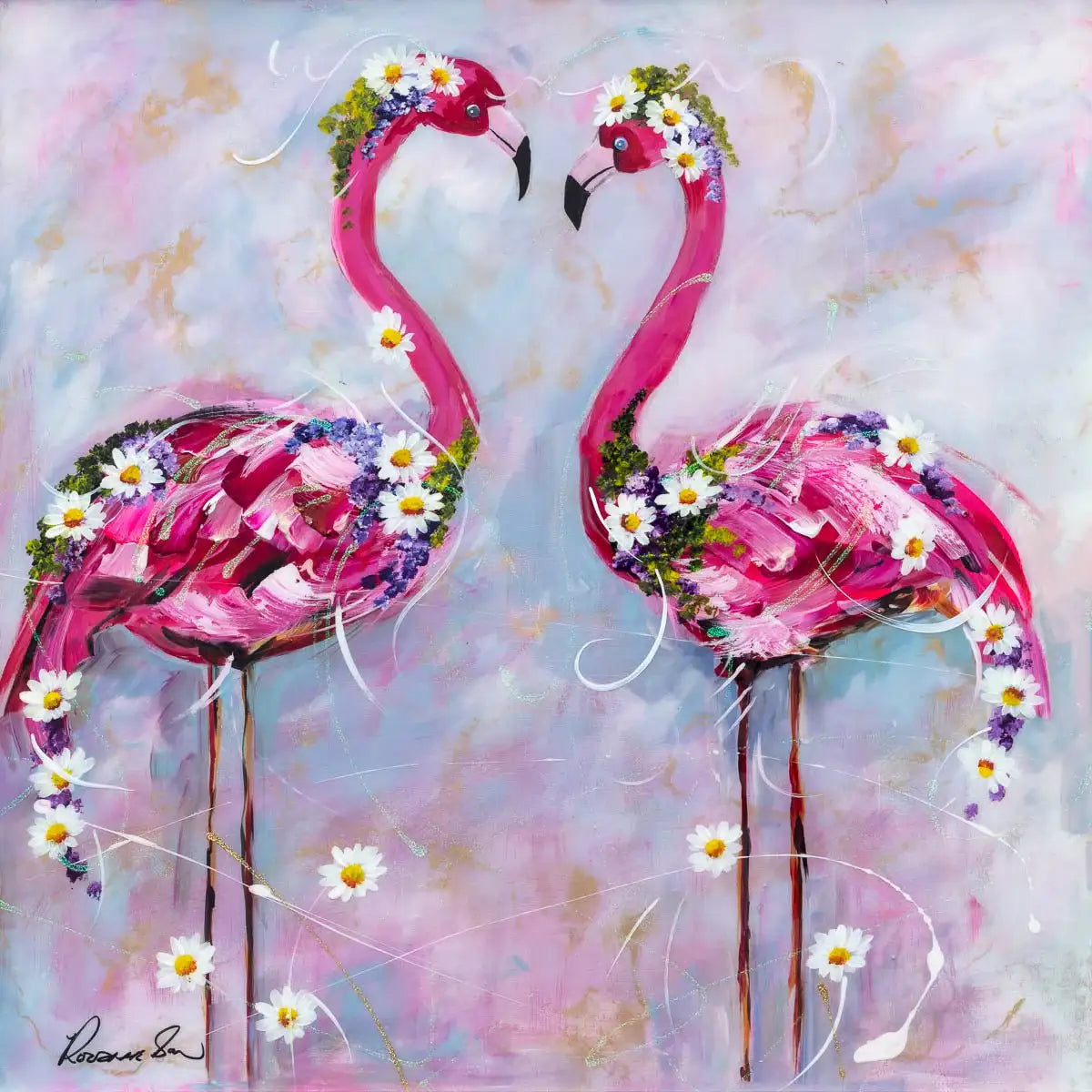 Flamingo Friends - Original - SOLD by artist Rozanne Bell - Wyecliffe Galleries