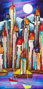 Harbour Bathed In Moonlight - Original - SOLD by artist Rozanne Bell - Wyecliffe Galleries