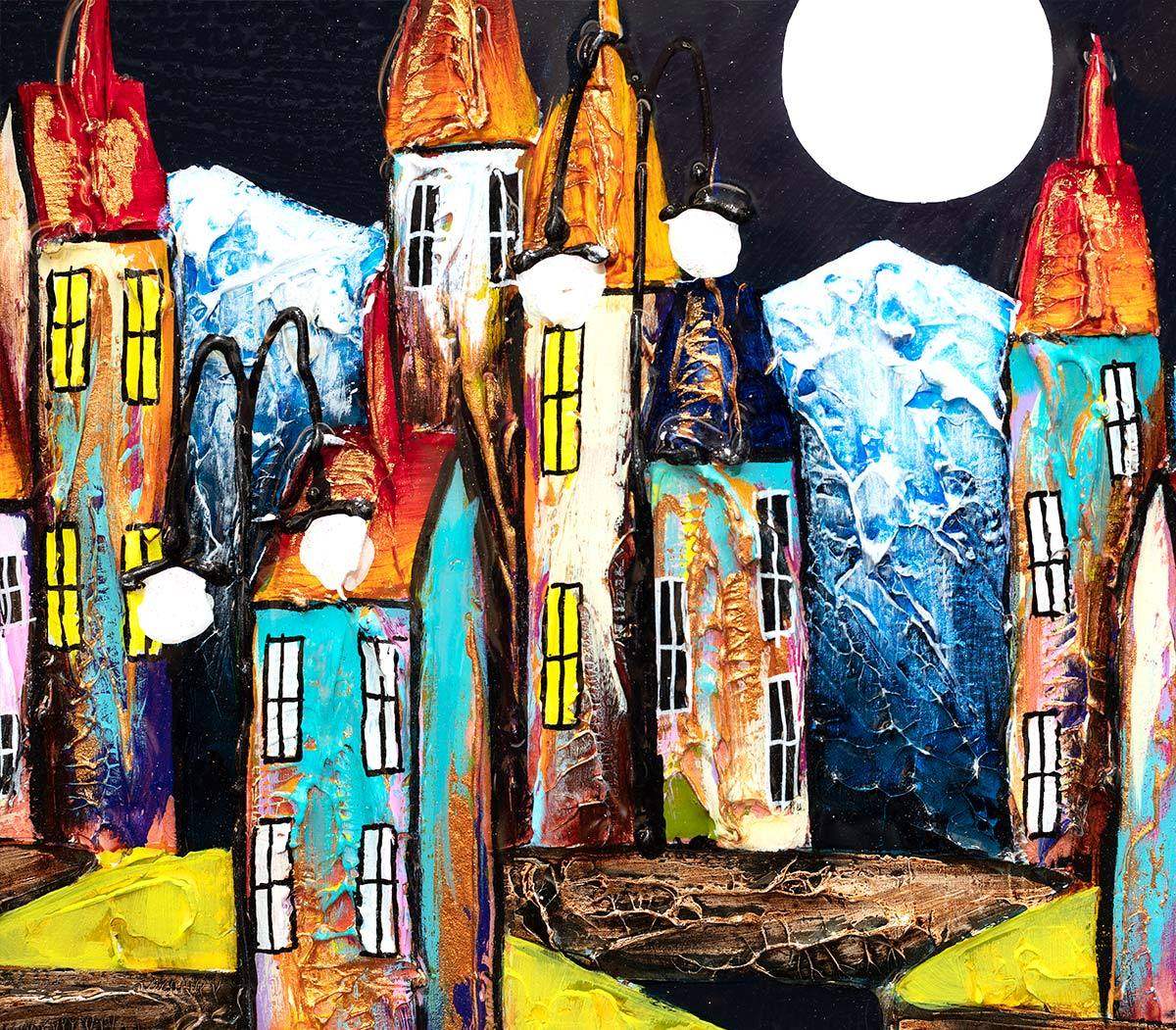 Houses at Dark - SOLD by artist Rozanne Bell - Wyecliffe Galleries