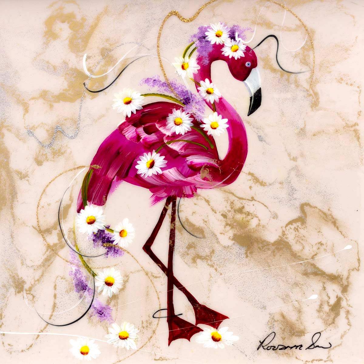 Let's Flamingo - Original - SOLD by artist Rozanne Bell - Wyecliffe Galleries