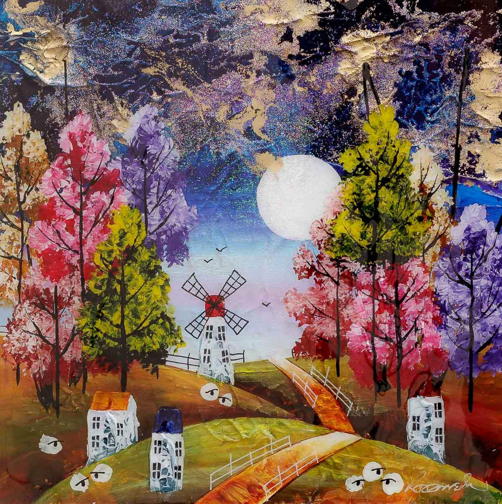 Moonlit Windmill - Original - SOLD by artist Rozanne Bell - Wyecliffe Galleries