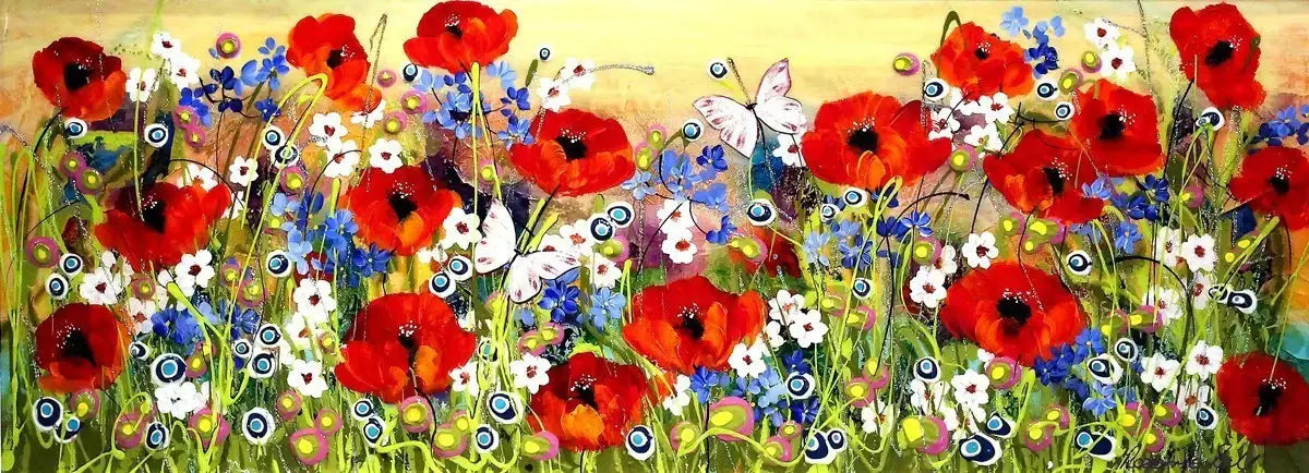 Poppies, Daisies & Butterflies - SOLD by artist Rozanne Bell - Wyecliffe Galleries