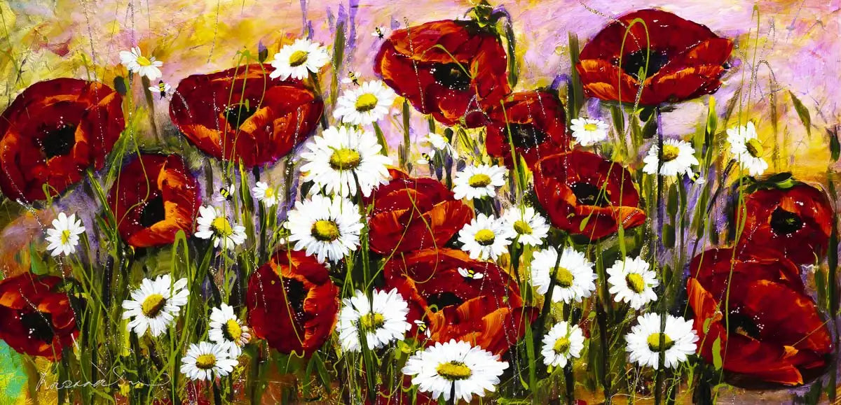 Poppy and Daisy Flourish - Original - SOLD by artist Rozanne Bell - Wyecliffe Galleries
