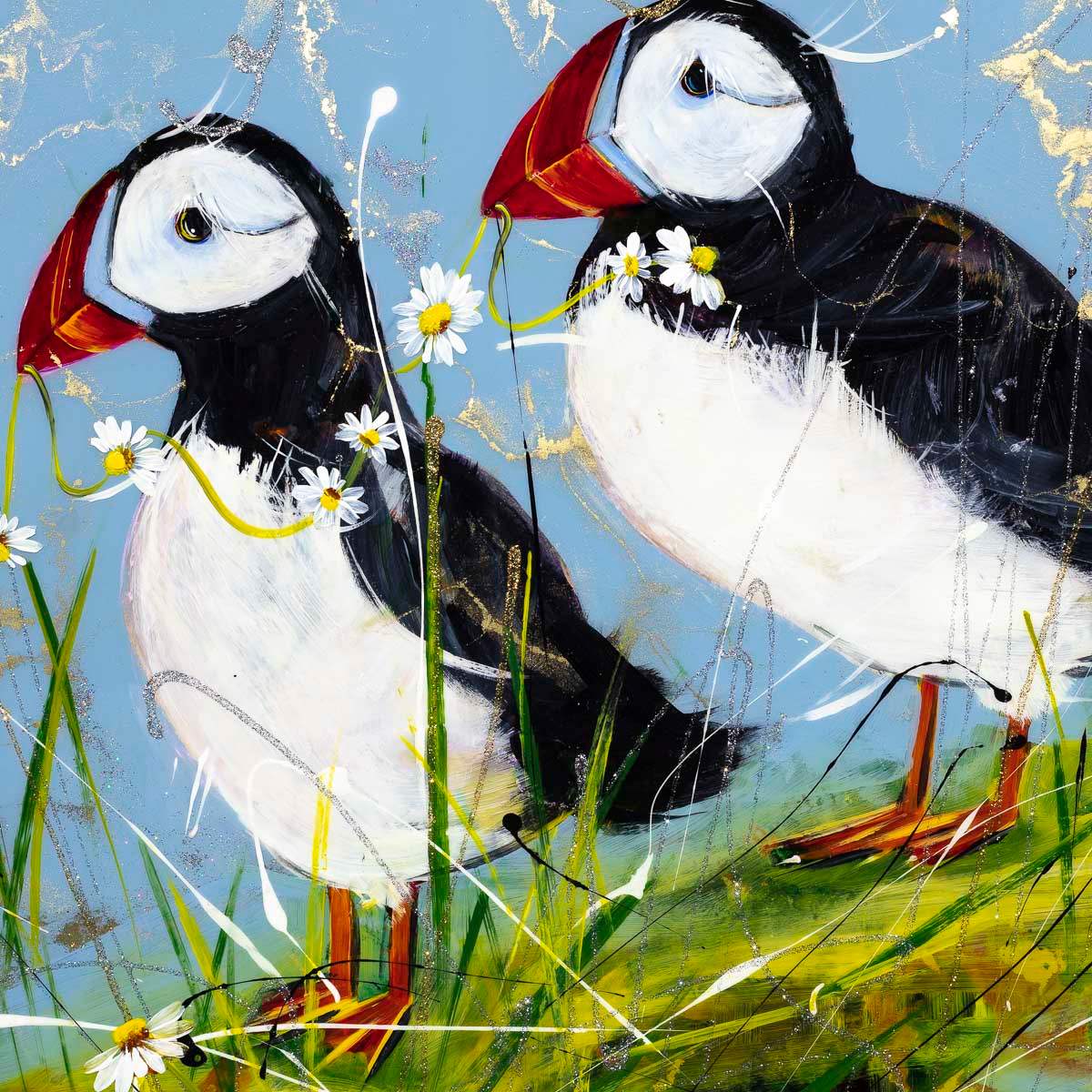 Puffin Play - Original - SOLD by artist Rozanne Bell - Wyecliffe Galleries