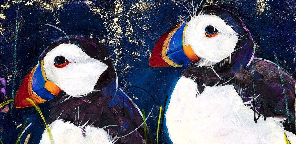Puffins With Irises - Original - SOLD by artist Rozanne Bell - Wyecliffe Galleries