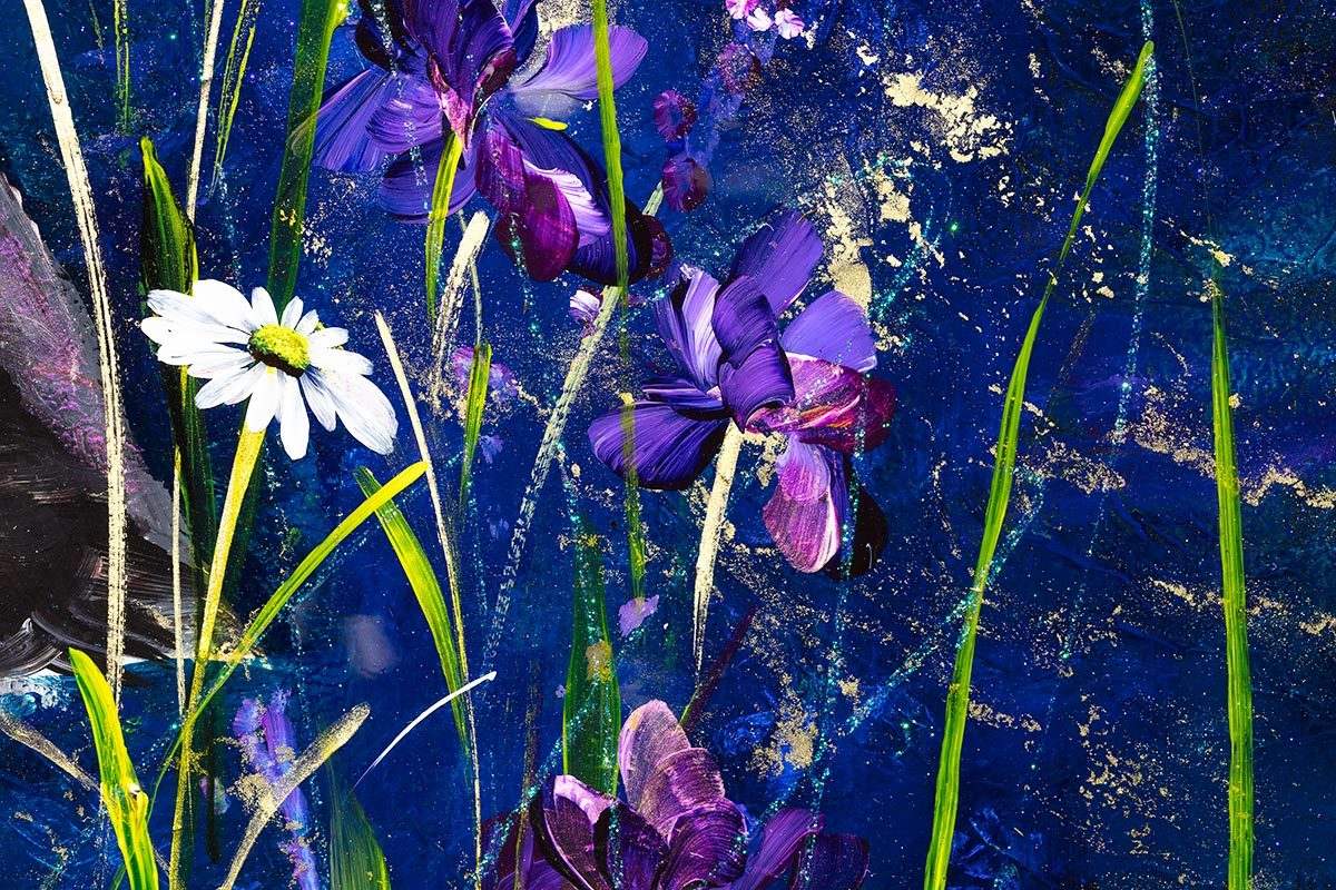 Puffins With Irises - Original - SOLD by artist Rozanne Bell - Wyecliffe Galleries