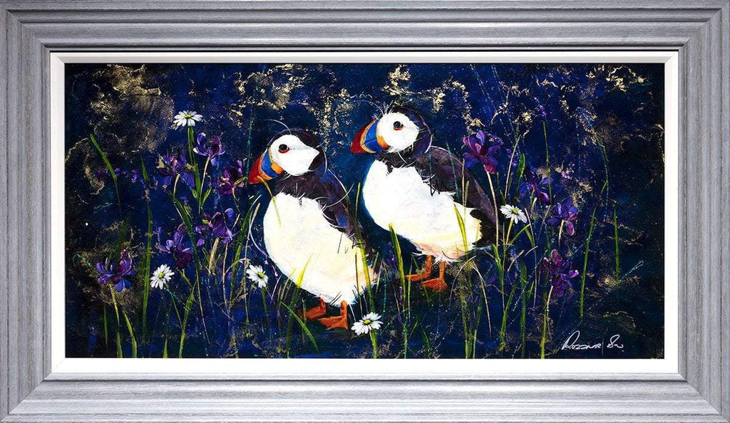 Puffins With Irises - Original - SOLD by artist Rozanne Bell - Wyecliffe Galleries