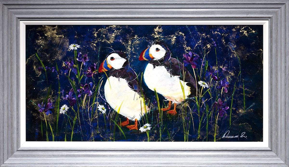 Puffins With Irises - Original - SOLD by artist Rozanne Bell - Wyecliffe Galleries