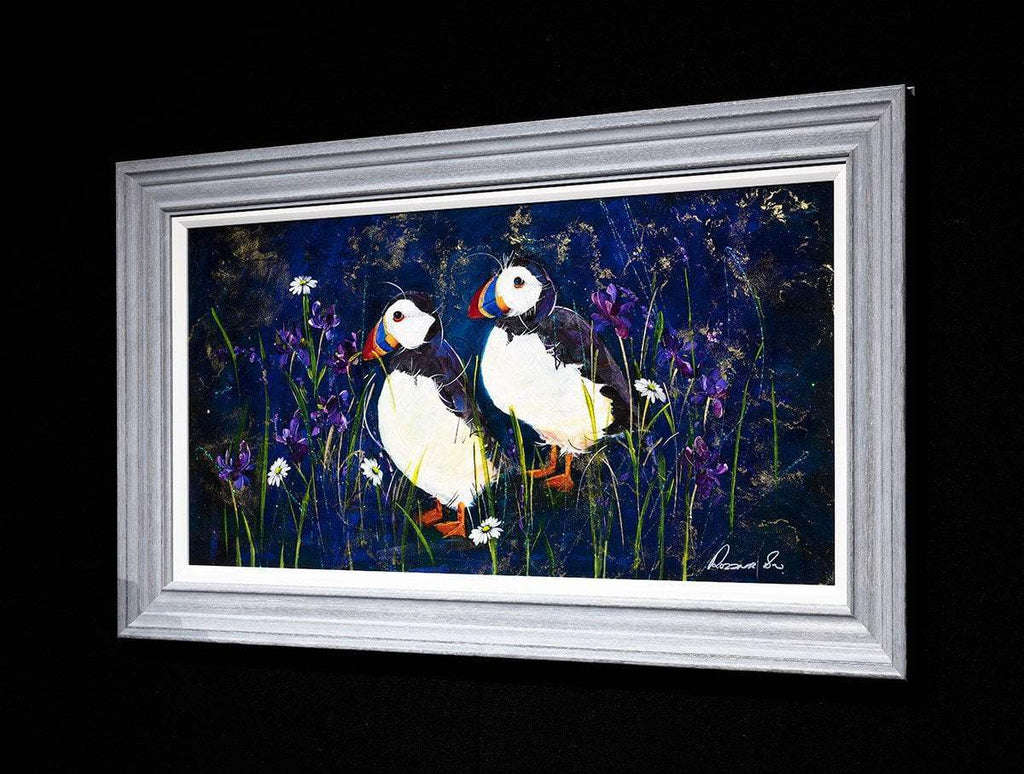 Puffins With Irises - Original - SOLD by artist Rozanne Bell - Wyecliffe Galleries