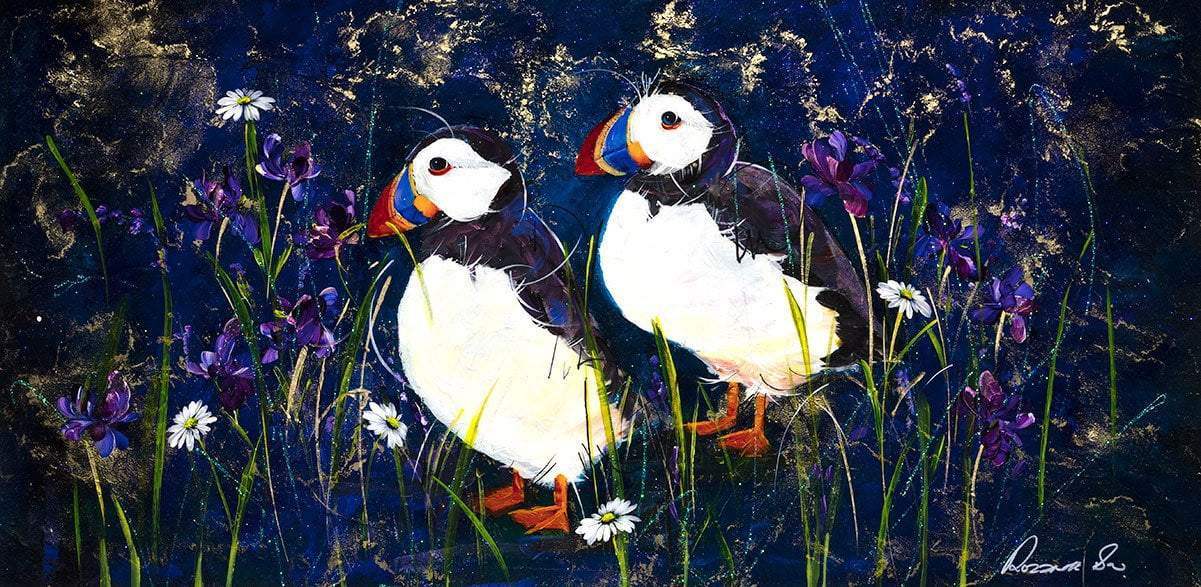 Puffins With Irises - Original - SOLD by artist Rozanne Bell - Wyecliffe Galleries