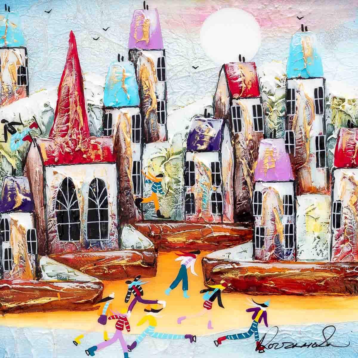 Skating Around Town - Original - SOLD by artist Rozanne Bell - Wyecliffe Galleries