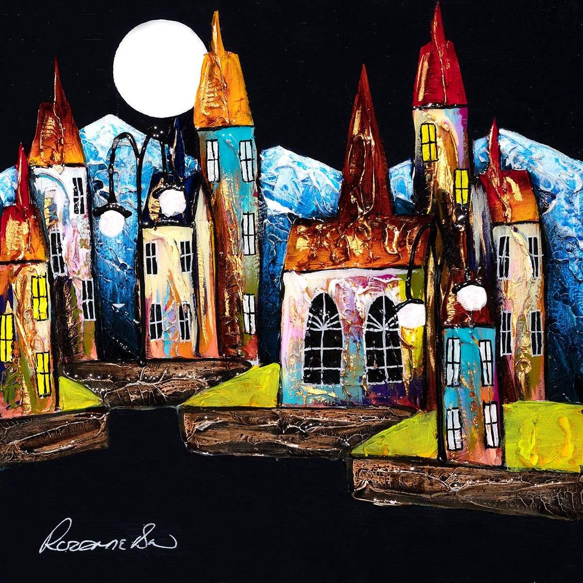 The Harbour at Night - Original - SOLD by artist Rozanne Bell - Wyecliffe Galleries