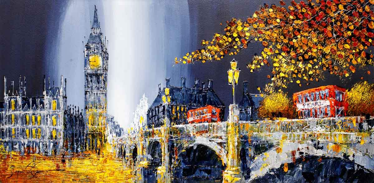 Double Deckers at Westminster - Original - SOLD by artist Simon Wright - Wyecliffe Galleries