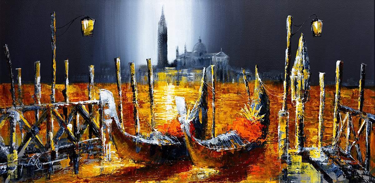 Golden Gondolas - Original - SOLD by artist Simon Wright - Wyecliffe Galleries