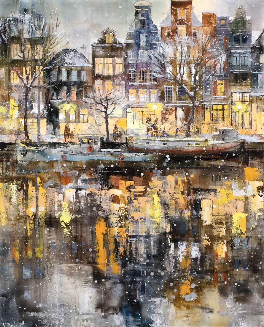 Snowing in Amsterdam - Original - SOLD by artist Veronika Benoni - Wyecliffe Galleries