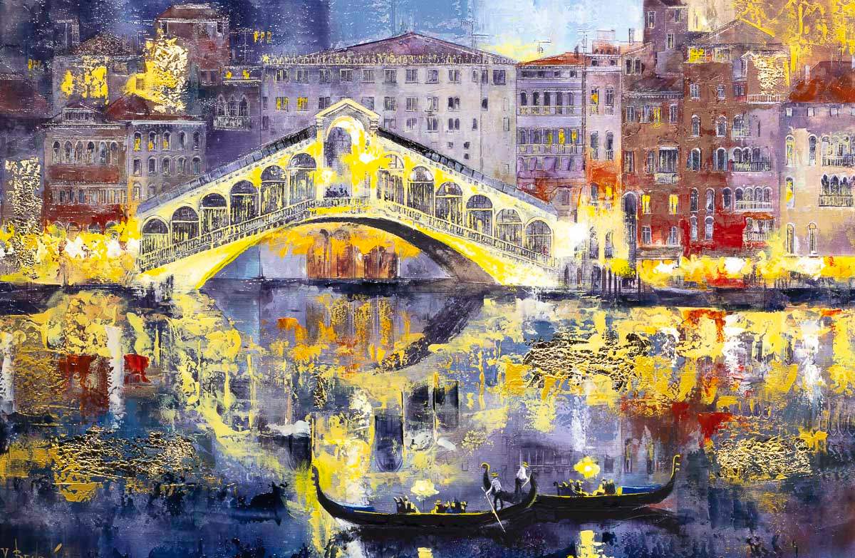 Venice Taxis by the Bridge - Original - SOLD by artist Veronika Benoni - Wyecliffe Galleries